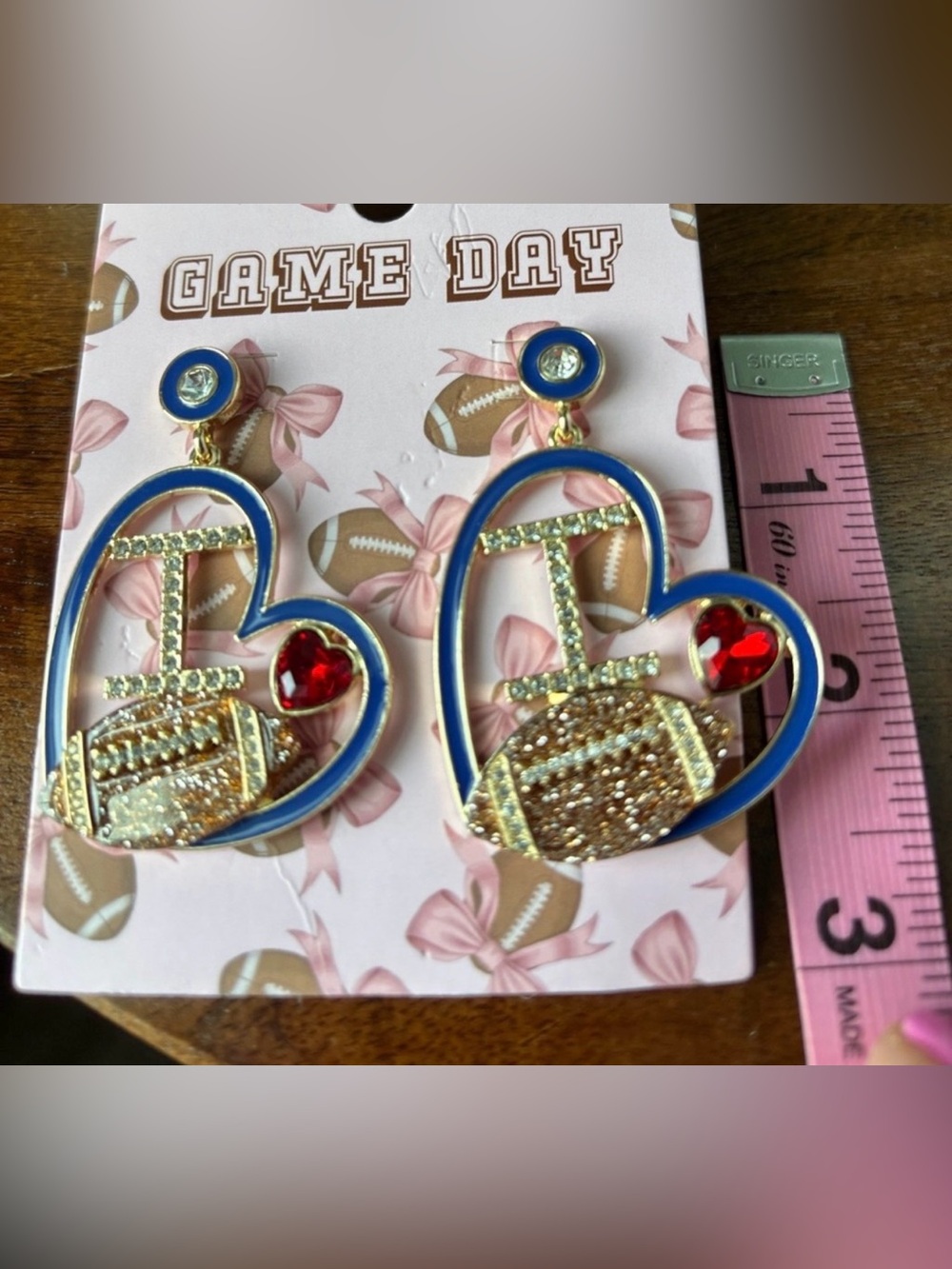 Game Day I love  ❤️ Football Blue Heart Shape cutout,rhinestones,oost,drop,fall
